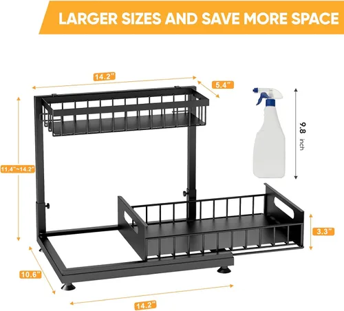 Miniatura 8 de Saydear Organizador de almacenamiento para debajo del fregadero, organizador de armario de cocina extraíble de 2 niveles con cajón deslizante, Negro