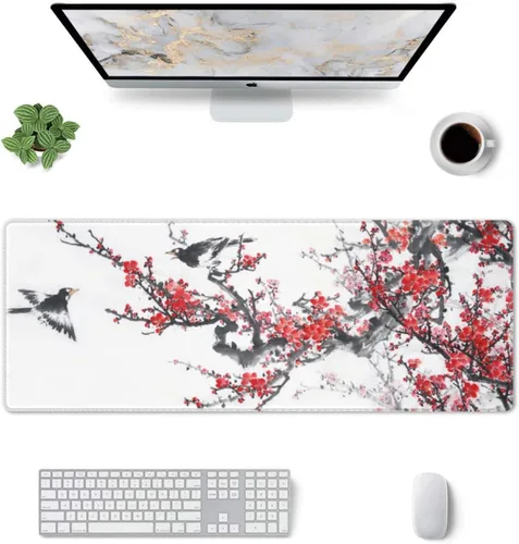 Miniatura 2 de Alfombrilla de mouse para juegos con diseño de pájaros y flores de cerezo, alfombrilla de escritorio grande XL, alfombrilla larga extendida