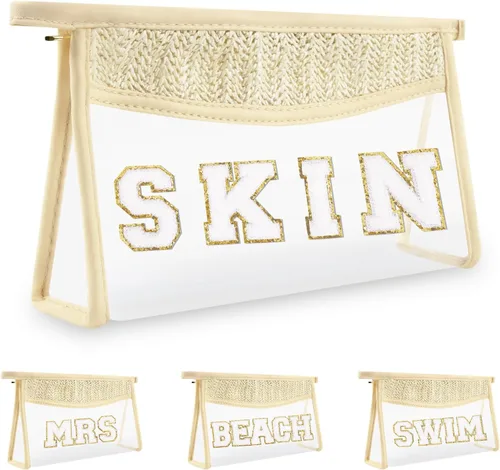 Miniatura 17 de Iqimott 2 bolsas de maquillaje con parches transparentes, bolsa de letras boho para nadar en la playa, bolsas de maquillaje impermeables