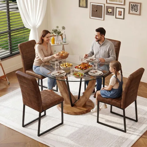 Miniatura 3 de 5-Piece Round Glass Dining Table Set for 4, 48” Modern Dining Room Table with Wood Grain Base, Brown Suede Upholstered Chairs with Black Metal Legs