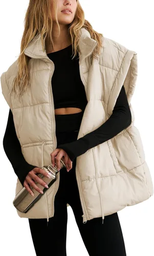 Lentta Chaleco acolchado para mujer con cordón ajustable en la cintura ligero acolchado con cremallera y bolsillos