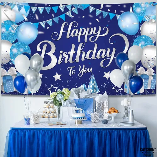 Miniatura 8 de KatchOn, Cartel de feliz cumpleaños plateado y azul, extragrande, 72 x 44 pulgadas, pancarta de fondo para decoraciones de feliz cumpleaños