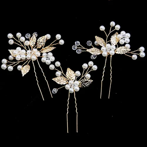 3 pinzas para el cabello de hoja dorada y perlas de cristal blancas para niñas y mujeres, damas de honor y niñas de flores, pinzas para el cabello
