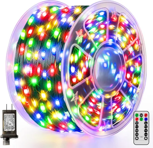 Miniatura 11 de Luces de Navidad 600 LED de 196 pies, IP67 impermeables, luces para árbol de Navidad con 8 modos, tira de luces para exteriores con temporizadores
