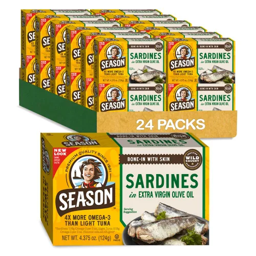 Miniatura 16 de Season Sardinas en aceite de oliva – capturadas en la naturaleza, 0.78 oz de proteína, bocadillos Keto, más Omega 3 que atún, Kosher, alto