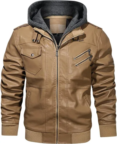 Miniatura 17 de Hood Crew - Chaqueta bomber para hombre, casual, con cuello alto, cazadora de moto, de piel sintética de poliuretano, con cremallera y capucha Marrón