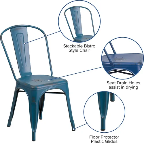 Miniatura 5 de Merrick Lane Banks - Silla apilable de comedor, marco de metal azul antiguo, acabado con recubrimiento en polvo envejecido, respaldo de listones