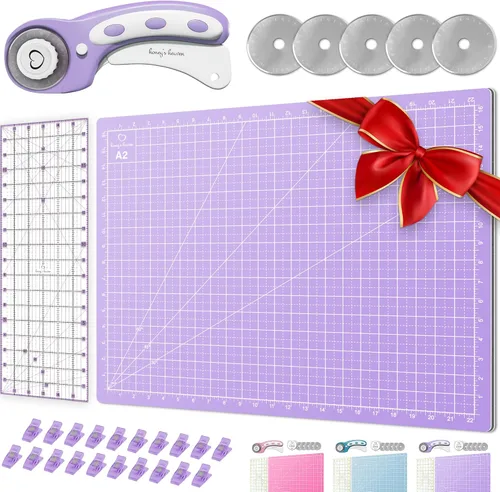 Miniatura 12 de Juego de cortador giratorio - Kit de acolchado incl. Cortador de tela de 45 mm, 5 cuchillas de repuesto - Ideal para manualidades, costura, parcheo