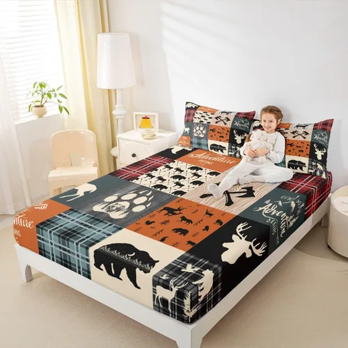 Miniatura 41 de Sábana bajera de retazos rústicos, sábanas de ciervos de oso para niños, adolescentes, adultos, mujeres, juego de ropa de cama rústica de granja