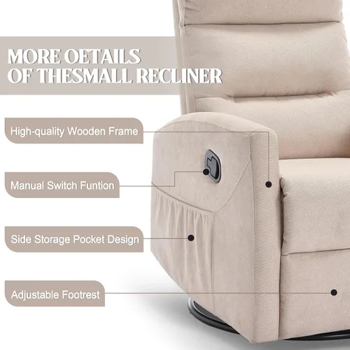 Miniatura 4 de PELUMY Silla reclinable manual, giratoria de 360° y sillón reclinable balancín con reclinable de 155°, sillón reclinable de tela compacta para Beige