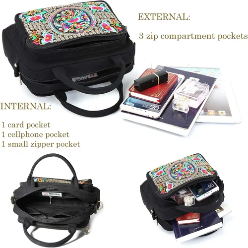 Miniatura 5 de Bolso bandolera de lona bordado con asa superior 3 capas