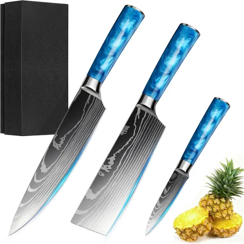 Miniatura 11 de Juego de 10 cuchillos de cocina japoneses de alta calidad, colección Imperial, patrón láser de damasco, acero inoxidable 440A ultra afilado