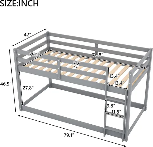 Miniatura 2 de Harper & Bright Designs Litera baja individual sobre individual, litera de madera individual para niños con escalera, marco de litera de suelo