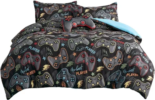 Miniatura 3 de WPM WORLD PRODUCTS MART Juego de edredón de 4 piezas para jugadores de videojuegos, tamaño individual, color azul y gris, para jugadores