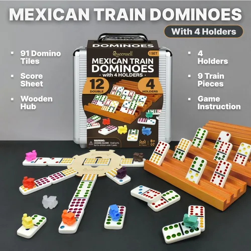 Miniatura 2 de Juego de Dominó Tren Mexicano con 4 Soportes - Dominó Doble 12 con Centro de Madera y Soportes para Fichas - Juego de Dominó Doble 12 para Noche