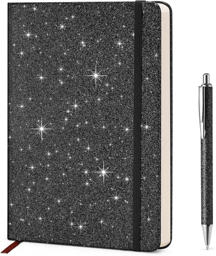 Cuaderno negro con purpurina, 8.4 x 5.7 pulgadas, 200 páginas rayadas, diario brillante sin desprendimiento para niñas y mujeres, diario de tapa