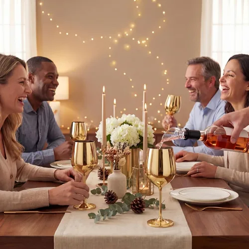 Miniatura 5 de Patelai 4 piezas de vidrio dorado de acero inoxidable con 2 vertedores aireadores, copas de vino de metal irrompibles con tallo dorado para boda