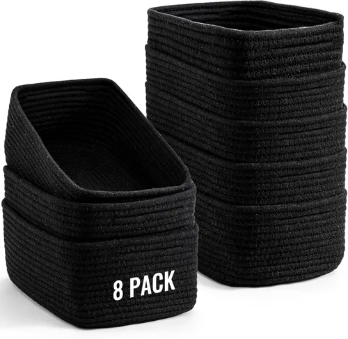 Paquete de 8 cestas de almacenamiento pequeñas para organizar, cubos de cuerda tejida para baño, armario, organizador de estantes, bonita caja Negro