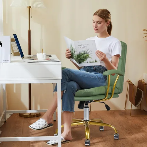Miniatura 4 de KLASIKA Silla de escritorio de cuero para oficina en casa, silla de tocador con respaldo medio, silla de maquillaje con ruedas doradas y Verde