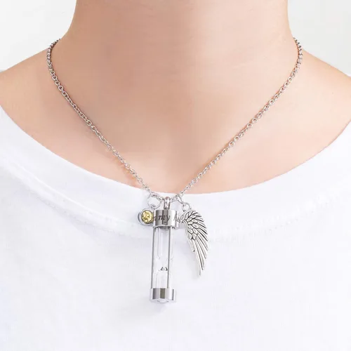 Miniatura 10 de PREKIAR Collar de urna de cremación para cenizas en forma de reloj de arena con dije de recuerdo 12 piedras de nacimiento y un ala de ángel