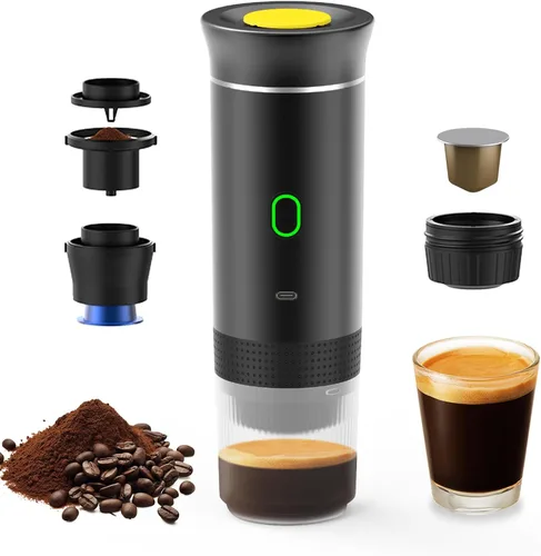 Decdeal Cafetera inalámbrica para el coche, hogar, viajes, cafetera eléctrica 3 en 1, funciona con cápsulas y café molido de 15 bares, mini cafetera