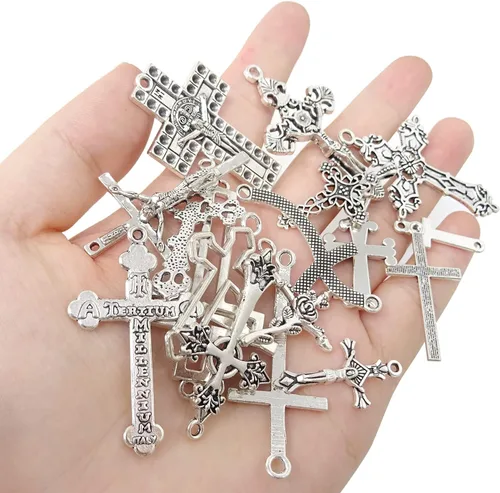 Miniatura 3 de Honbay 70 dijes de cruz mezclados de metal, chapados en plata antigua, joyería de cruz de Jesucristo, para manualidades, collares, aretes, pulseras