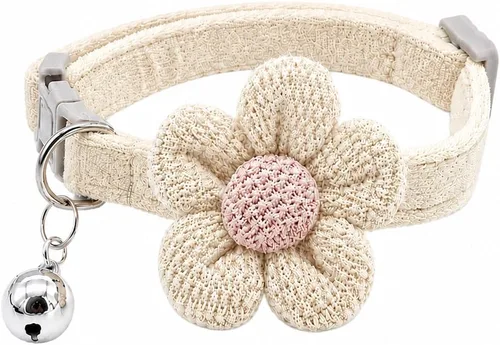 Miniatura 10 de Collar de gato Breakaway con material de felpa suave y flor tejida a mano, collar de seguridad ajustable para piel sensible, collar decorativo