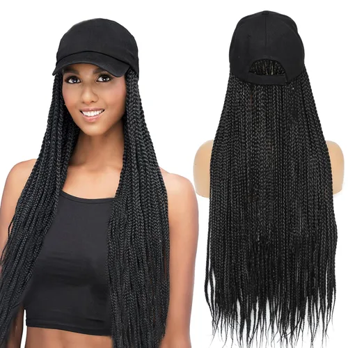 Miniatura 8 de Gorra con peluca para mujeres con gorra de béisbol y cabello trenzado adjunto, peluca de trenzas negras sintéticas, gorra ajustable con trenzas