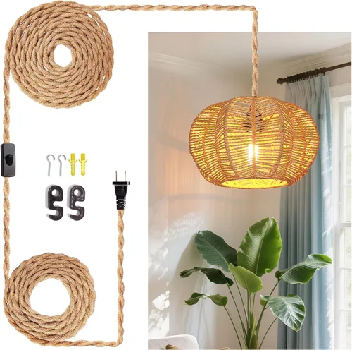 Miniatura 10 de Lámpara colgante de techo de ratán con cable de enchufe para sala de estar, dormitorio, cocina, interior, lámpara colgante enchufable con pantalla