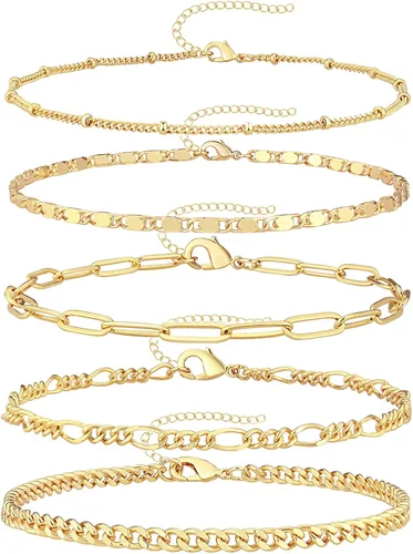Reoxvo Regalos para el día de San Valentín para ella juego de pulseras de cadena de oro delicado para mujer pulseras de cadena de eslabones chapados