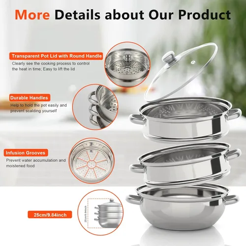 Miniatura 7 de Vaporizador de acero inoxidable de 3 niveles, olla de sopa de vapor herramienta de cocina con tapa de vidrio para uso en estufas de inducción