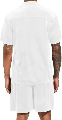Miniatura 64 de LecGee Conjunto de pantalones cortos casuales de verano para hombre, camisa de terciopelo de manga corta con botones, pantalones cortos de cintura