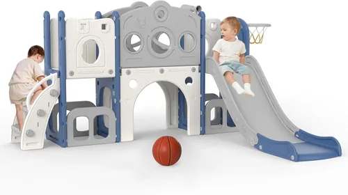 Miniatura 3 de kinbor Juego de toboganes 8 en 1 para niños pequeños, tobogán para niños con aro de baloncesto, juego para niños con escaleras fáciles de subir
