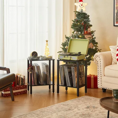 Miniatura 4 de LELELINKY Soporte para tocadiscos de 2 niveles con almacenamiento de discos de vinilo hasta 100 álbumes, soporte para discos de dormitorio y mesa