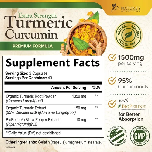 Miniatura 2 de Suplemento de curcumina de cúrcuma de 1500 mg, pimienta negra orgánica tumérica y bioperina para una mejor absorción con 95% de curcuminoides, apoyo