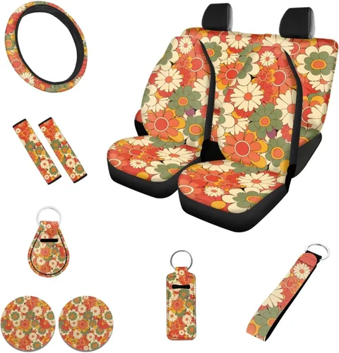Miniatura 23 de Accesorios estéticos para automóvil, juego completo de fundas de asiento de automóvil con flores bohemias para mujeres, damas, juego de decoración