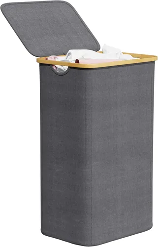 Miniatura 8 de SpaceAid Cesta de lavandería con tapa, 110L de gran capacidad, cesta alta para ropa con asas de bambú, cesta plegable para dormitorio, baño, Negro