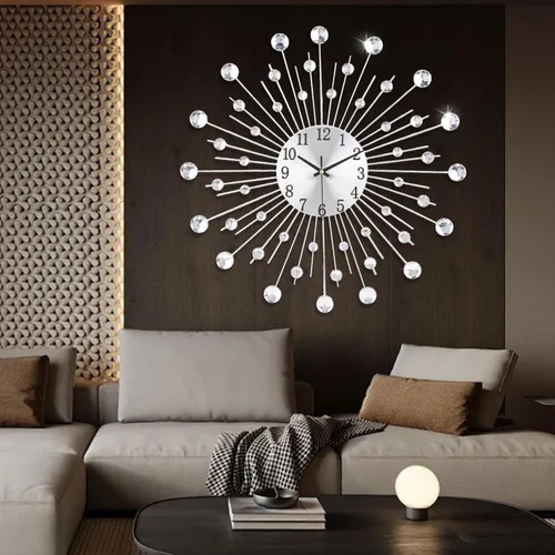 Miniatura 6 de Reloj de pared grande para decoración de sala de estar, sin tictac, silencioso, de metal, reloj de cuarzo, esfera moderna, con diamantes grandes