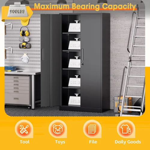 Miniatura 5 de Greenvelly Armario de almacenamiento de metal de 72 pulgadas de alto con 2 puertas y 4 estantes ajustables, gabinete de metal negro con cerradura