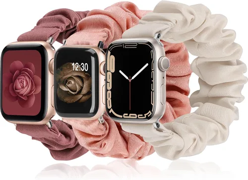 Miniatura 16 de TOYOUTHS - 3 paquetes compatibles con Apple Watch Band Scrunchies 1.496 in (38 mm) tela suave patrón impreso pulsera de tela para mujer iWatch