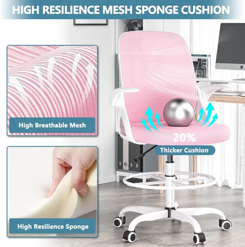 Miniatura 4 de Kensaker Silla de Dibujo Alta con Anillo Reposapiés para el Hogar y el Trabajo, Silla Ergonómica de Escritorio de Oficina para el Hogar con Brazos