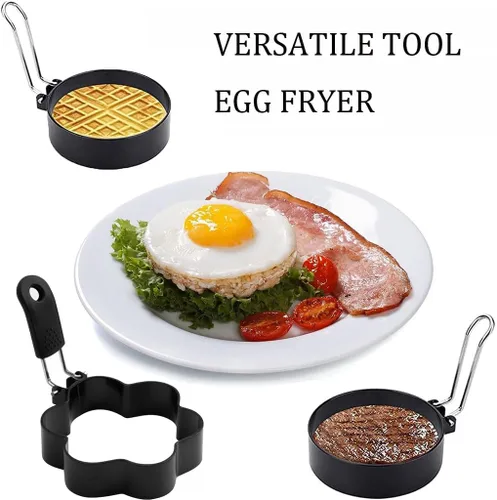 Miniatura 5 de Juego de 2 anillos de huevo de 3.3 pulgadas de acero inoxidable antiadherente con mango de silicona, molde redondo para panqueques de huevo, molde