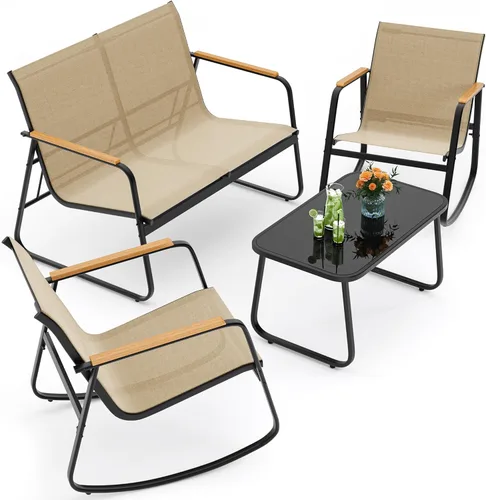 Miniatura 11 de Ahomly - Juego de 4 piezas de muebles de patio, juego de conversación para exteriores de Textilene con 2 sillas mecedoras y mesa de café con tapa