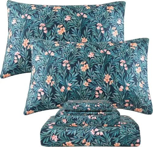Miniatura 29 de QSH Juego de sábanas tamaño King con estampado floral - Estampado botánico de flores verdes, pájaros y mariposas, ropa de cama de algodón egipcio