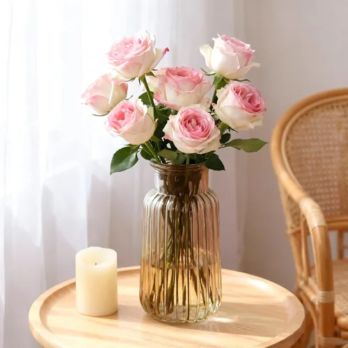 Miniatura 5 de Jarrón de cristal ámbar, florero acanalado de 8.7 pulgadas de alto para ramo, centro de mesa, decoración de mesa de comedor, jarrones transparentes
