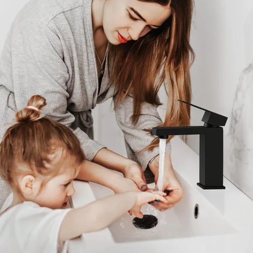 Miniatura 8 de KES Grifo de baño negro y desagüe de lavabo de baño con desbordamiento, grifo de un solo orificio certificado por cUPC con tapón de drenaje