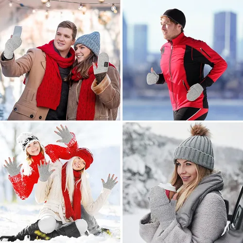 Miniatura 14 de THINP Guantes sin dedos para mujeres y hombres, guantes de invierno, guantes de lana cálida de punto sin dedos con tapa, guantes convertibles