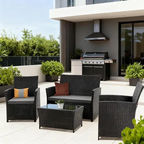 PORWEY Muebles de patio para exteriores, juego de sofá seccional de 4 piezas, muebles de balcón, sillas de mimbre de ratán con mesa y sofá biplaza