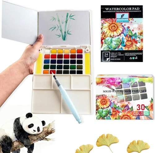 Juego de pintura de acuarela portátil, kit de acuarela de viaje de 30 colores con cepillo de agua, 24 hojas de papel de acuarela, tutorial en línea,