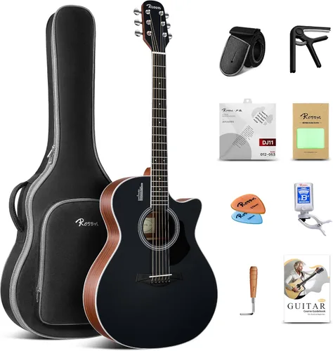Miniatura 11 de Rosen Guitarra acústica Dreadnought de tapa sólida de 104 cm con abeto, para principiantes, con libro, bolsa acolchada, cuerdas, púas, llave Azul
